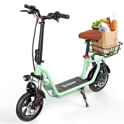 Adult foldable electric scooter with seat and storage basket