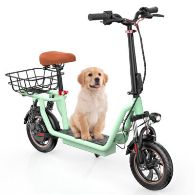 Adult foldable electric scooter with seat and storage basket