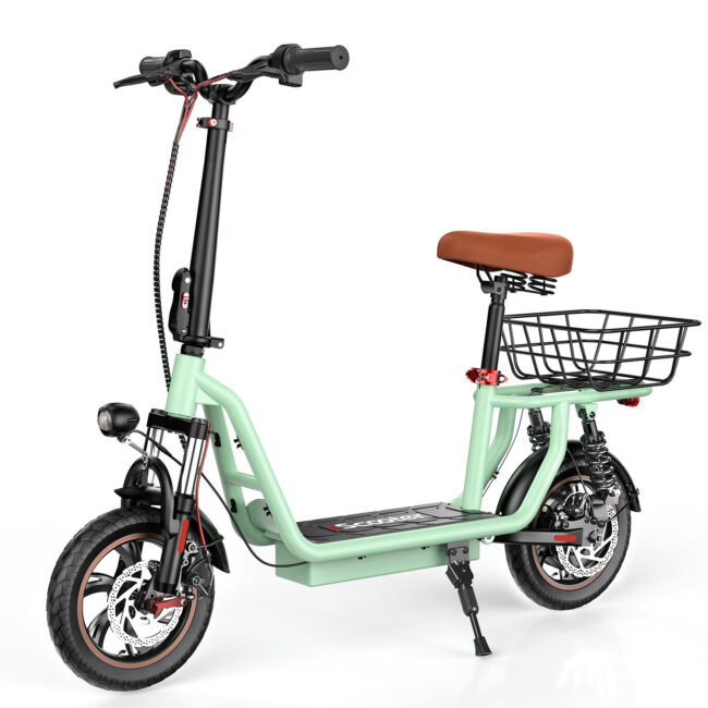 Adult foldable electric scooter with seat and storage basket