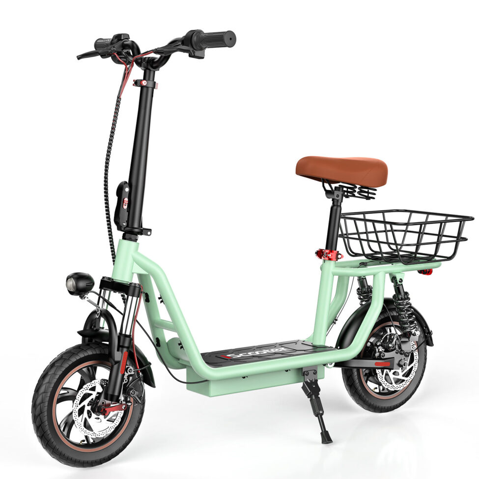 Adult foldable electric scooter with seat and storage basket