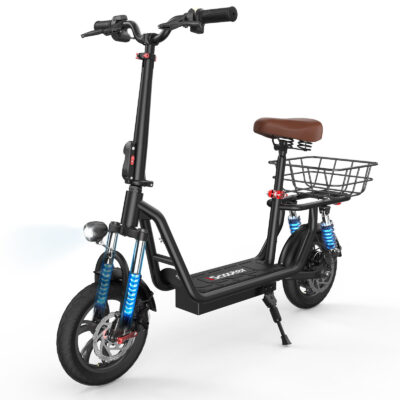 Adult foldable electric scooter with seat and storage basket