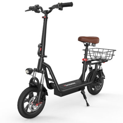 Adult foldable electric scooter with seat and storage basket
